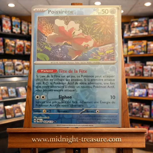Carte Pokémon Poissirène Reverse Holo issue de l’extension Écarlate & Violet – Évolutions Prismatiques. Illustration festive avec feux d’artifice et effet brillant, idéale pour les collectionneurs et fans de Pokémon de type Eau.