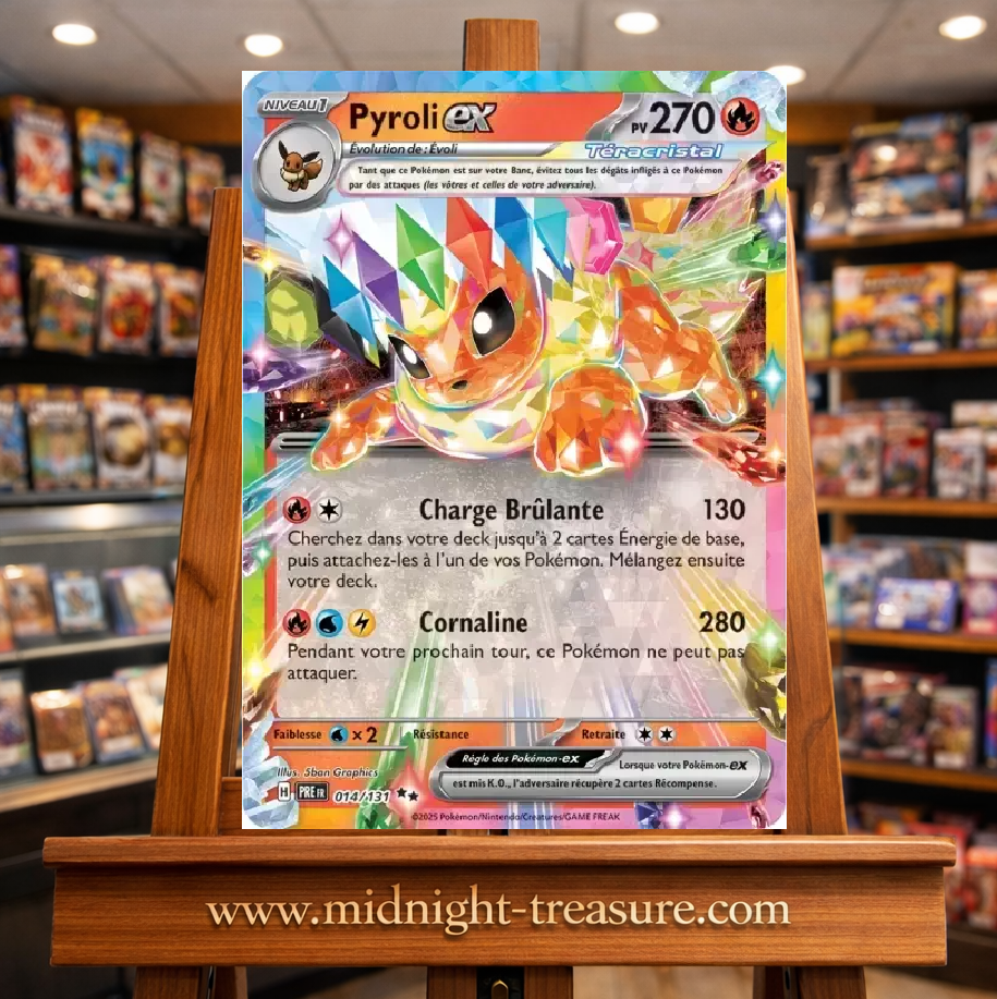 Carte Pokémon Pyroli ex Téracristal issue de l’extension Écarlate & Violet – Évolutions Prismatiques. Illustration cristalline multicolore avec effet holographique intense, idéale pour les collectionneurs et fans des évolutions d’Évoli.