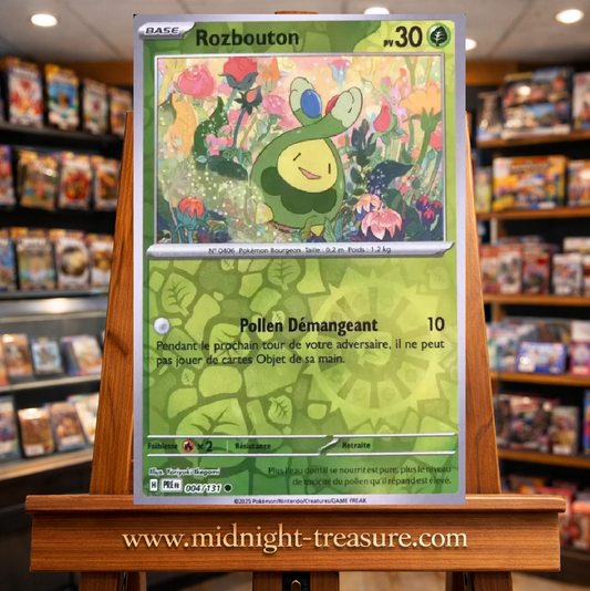 Carte Pokémon Rozbouton Reverse Holo issue de l’extension Écarlate & Violet – Évolutions Prismatiques. Illustration florale lumineuse avec effet brillant, idéale pour les collectionneurs et fans de Pokémon Plante.