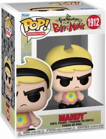 Funko Pop! The Grim Adventures of Billy & Mandy – Mandy (N°1912). Mandy avec cheveux blonds, bandeau noir et robe rose à fleur jaune. Figurine fidèle au personnage emblématique de la série Cartoon Network.

