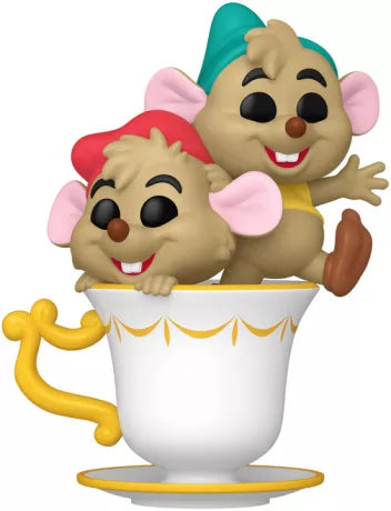 Funko Pop! Cinderella (Cendrillon) – Jaq & Gus Gus (N°1544). Les deux souris emblématiques dans une tasse décorée, une scène adorable fidèle au classique Disney.