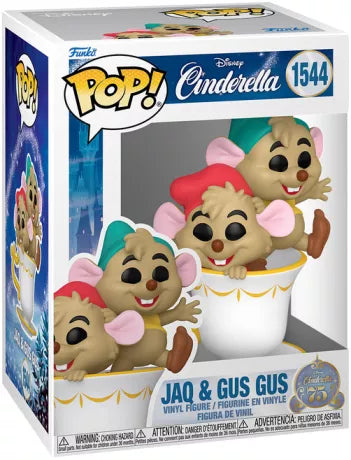 Funko Pop! Cinderella (Cendrillon) – Jaq & Gus Gus (N°1544). Les deux souris emblématiques dans une tasse décorée, une scène adorable fidèle au classique Disney.