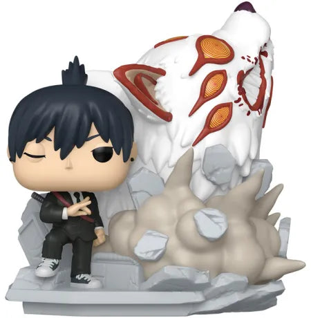 Funko Pop! Moment Chainsaw Man – Aki Hayakawa & Kon (N°1972). Figurine de Aki en uniforme noir invoquant Kon, le démon-renard géant, dans une scène dynamique avec effets de roches. Une pièce spectaculaire et incontournable pour les fans de Chainsaw Man.