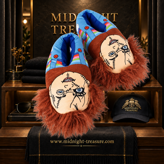 Chaussons 3D Chucky taille 40/41 vus de dessus avec visages balafrés et cheveux roux