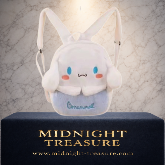 Mini sac à dos Cinnamoroll Sanrio en peluche blanche et bleu pastel de 30 cm avec longues oreilles, joues roses et bretelles réglables.