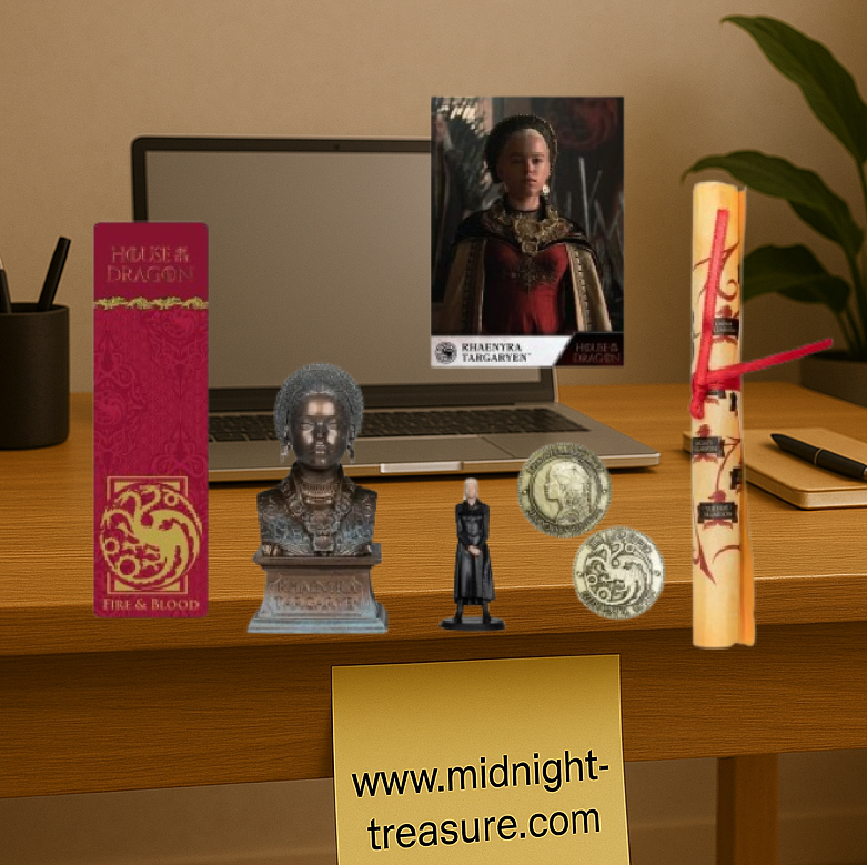 Collector Box House of the Dragon – Rhaenyra Targaryen. Coffret officiel comprenant buste 11,5 cm, mini-figure 5 cm, pièce de monnaie, arbre généalogique, carte de collection et marque-page. Un must-have pour les fans de House of the Dragon.