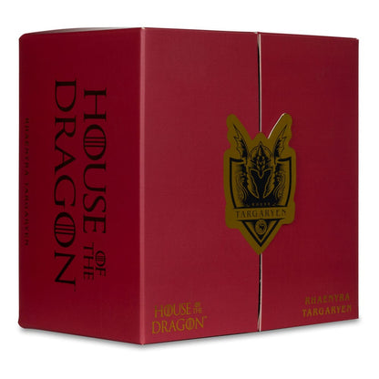 Collector Box House of the Dragon – Rhaenyra Targaryen. Coffret officiel comprenant buste 11,5 cm, mini-figure 5 cm, pièce de monnaie, arbre généalogique, carte de collection et marque-page. Un must-have pour les fans de House of the Dragon.