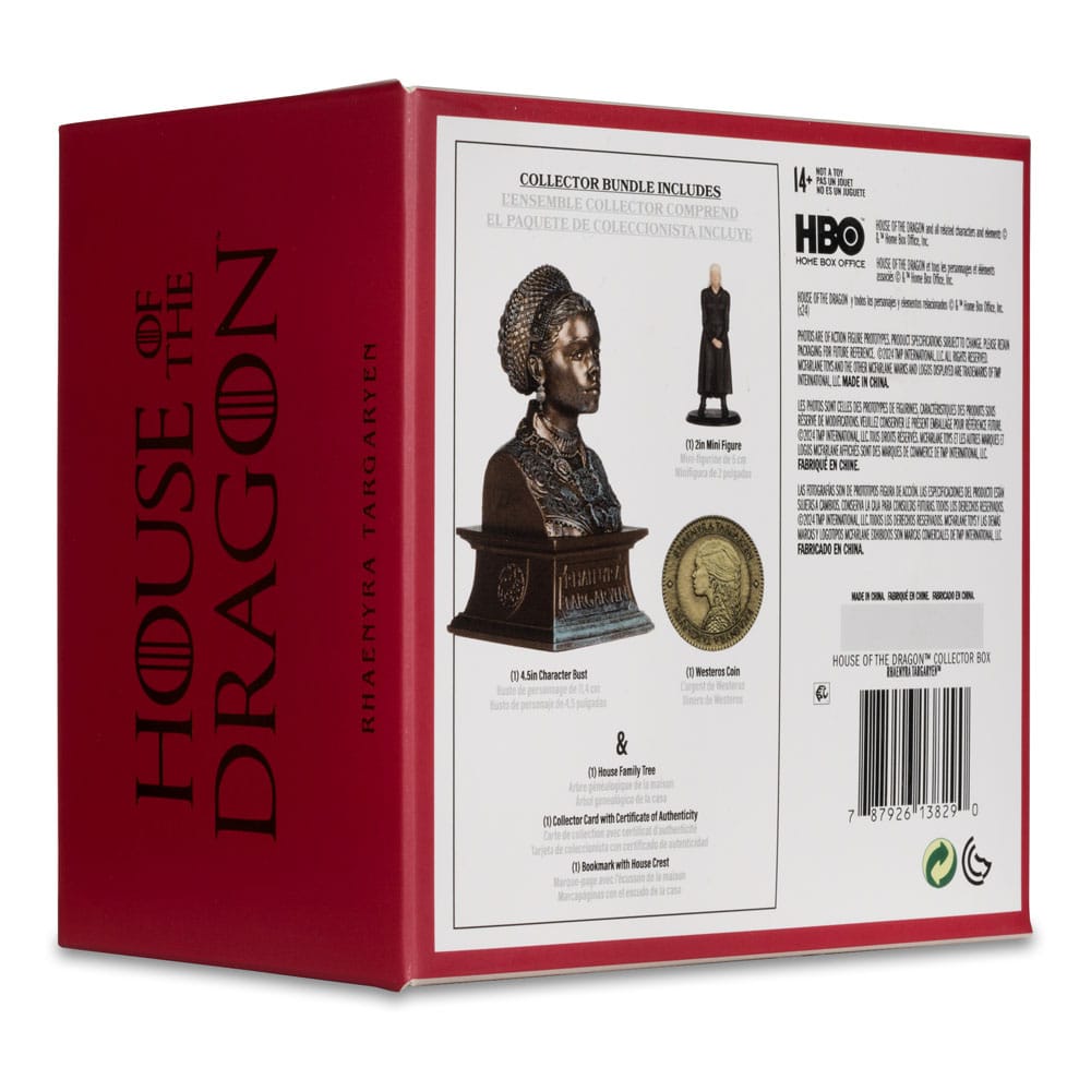 Collector Box House of the Dragon – Rhaenyra Targaryen. Coffret officiel comprenant buste 11,5 cm, mini-figure 5 cm, pièce de monnaie, arbre généalogique, carte de collection et marque-page. Un must-have pour les fans de House of the Dragon.