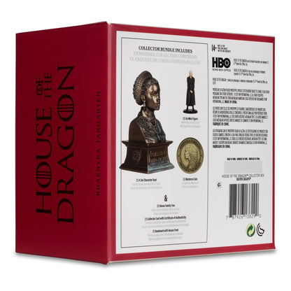 Collector Box House of the Dragon – Rhaenyra Targaryen. Coffret officiel comprenant buste 11,5 cm, mini-figure 5 cm, pièce de monnaie, arbre généalogique, carte de collection et marque-page. Un must-have pour les fans de House of the Dragon.