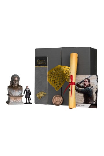 Collector Box Game of Thrones – Jon Snow – Édition spéciale. Inclut une mini-figure de 5 cm, un buste de 11,5 cm, une pièce de monnaie, l’arbre généalogique, une carte avec certificat et un marque-page Stark.