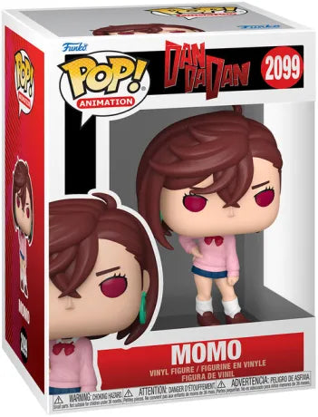 Funko Pop! Animation Dandadan – Momo Ayase (N°2099). Figurine de Momo en tenue scolaire rose, regard déterminé, fidèle à son apparence du début de la série.