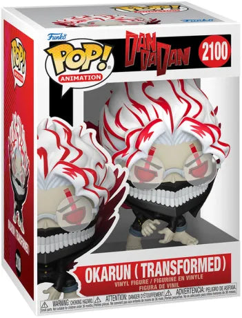 Funko Pop! Animation DanDaDan – Okarun (Transformed) (N°2100). Figurine d’Okarun sous forme monstrueuse, cheveux blancs striés de rouge, sourire inquiétant et posture agressive.