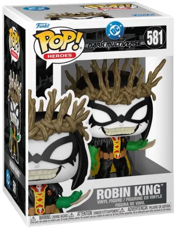Funko Pop! DC Comics – Robin King (Robin Roi) (N°581). Figurine représentant Robin dans sa version démoniaque avec couronne de branches et cape noire. Une Pop! sombre et captivante issue du Dark Multiverse.