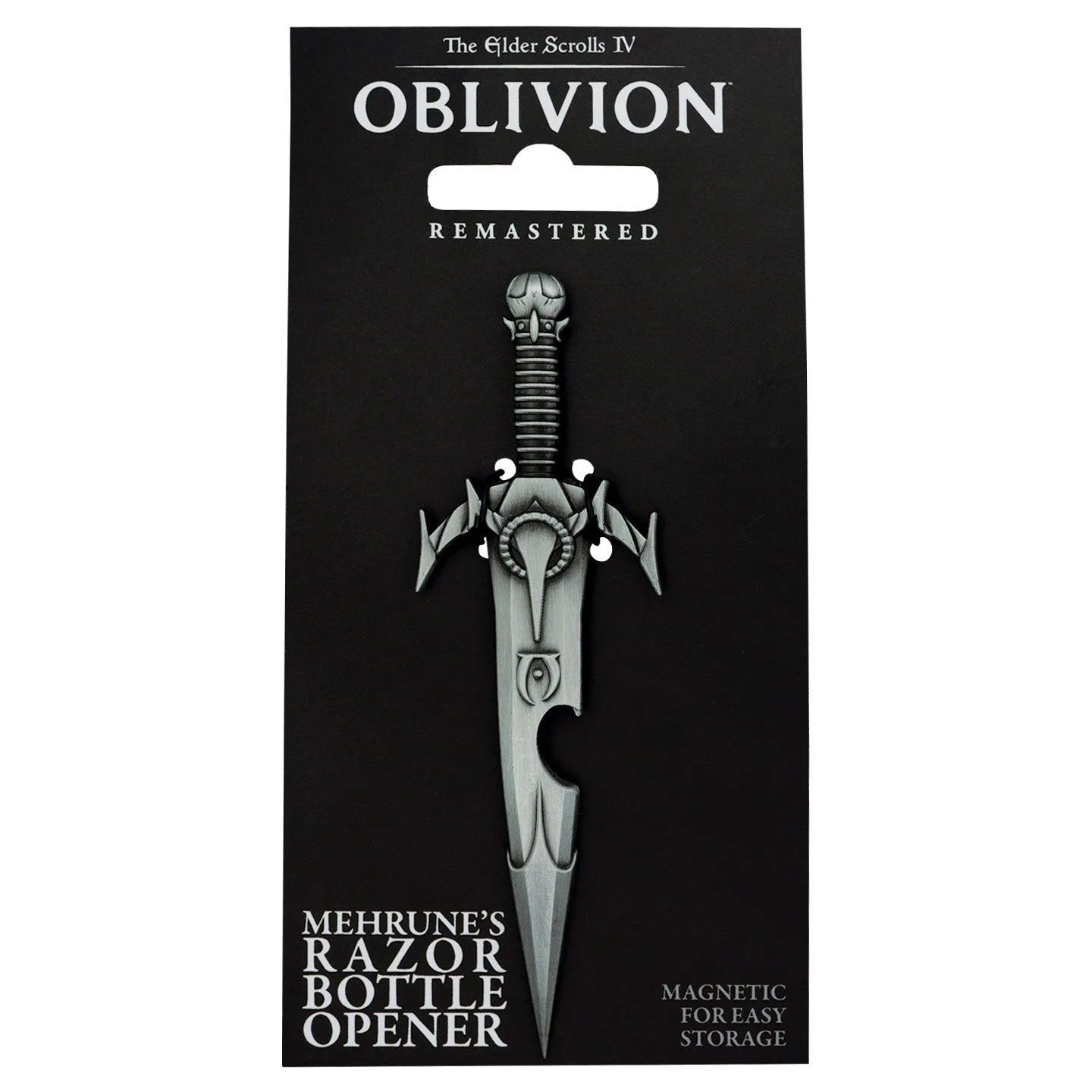 Décapsuleur Rasoir de Mehrunès The Elder Scrolls IV Oblivion. Réplique officielle en métal avec finition nickel antique, dos magnétique et design inspiré de l’arme mythique du jeu.