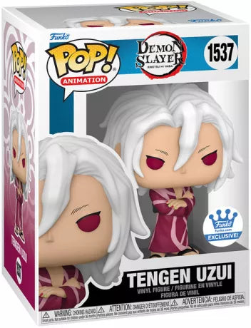 "Funko Pop! Demon Slayer – Tengen Uzui (1537). Tengen Uzui dans une tenue décontractée, bras croisés, avec son regard perçant et ses cheveux blancs distinctifs. Une figurine exclusive parfaite pour les fans de Demon Slayer et des Hashira !"

