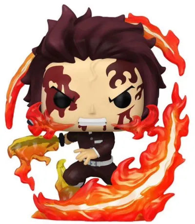 Funko Pop! Demon Slayer – Tanjiro Kamado (N°2041). Figurine de Tanjiro entouré de flammes, sabre en main, en pleine attaque du Hinokami Kagura.