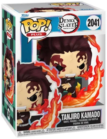 Funko Pop! Demon Slayer – Tanjiro Kamado (N°2041). Figurine de Tanjiro entouré de flammes, sabre en main, en pleine attaque du Hinokami Kagura.
