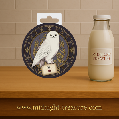 Dessous de verre Harry Potter représentant Hedwige en céramique avec dessous en liège antidérapant. Accessoire magique élégant pour protéger une table.