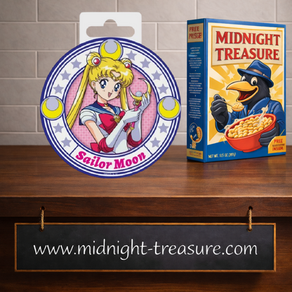 Dessous de verre Sailor Moon en céramique de 10 cm avec illustration d'Usagi Tsukino tenant son sceptre lunaire et base antidérapante en liège.