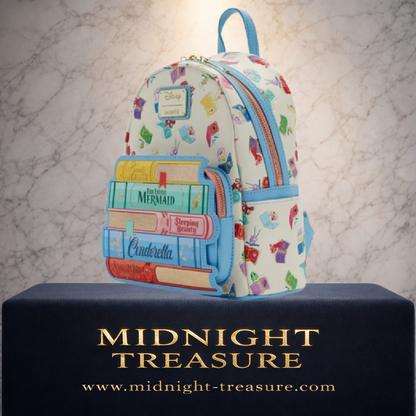 Sac Loungefly Disney Princess Books vu de trois quarts avec livres La Petite Sirène Cendrillon et Blanche-Neige