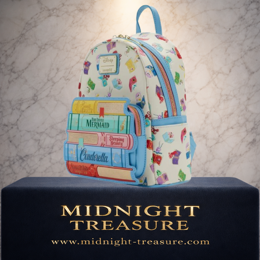 Sac Loungefly Disney Princess Books vu de trois quarts avec livres La Petite Sirène Cendrillon et Blanche-Neige
