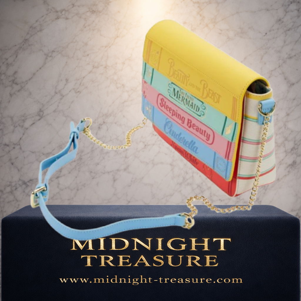 Sac bandoulière Loungefly Disney Princess Books 24 x 20 x 10 cm en forme de pile de livres représentant La Belle et la Bête, La Petite Sirène, La Belle au bois dormant, Cendrillon et Blanche-Neige, avec bandoulière chaîne dorée et détails en relief.