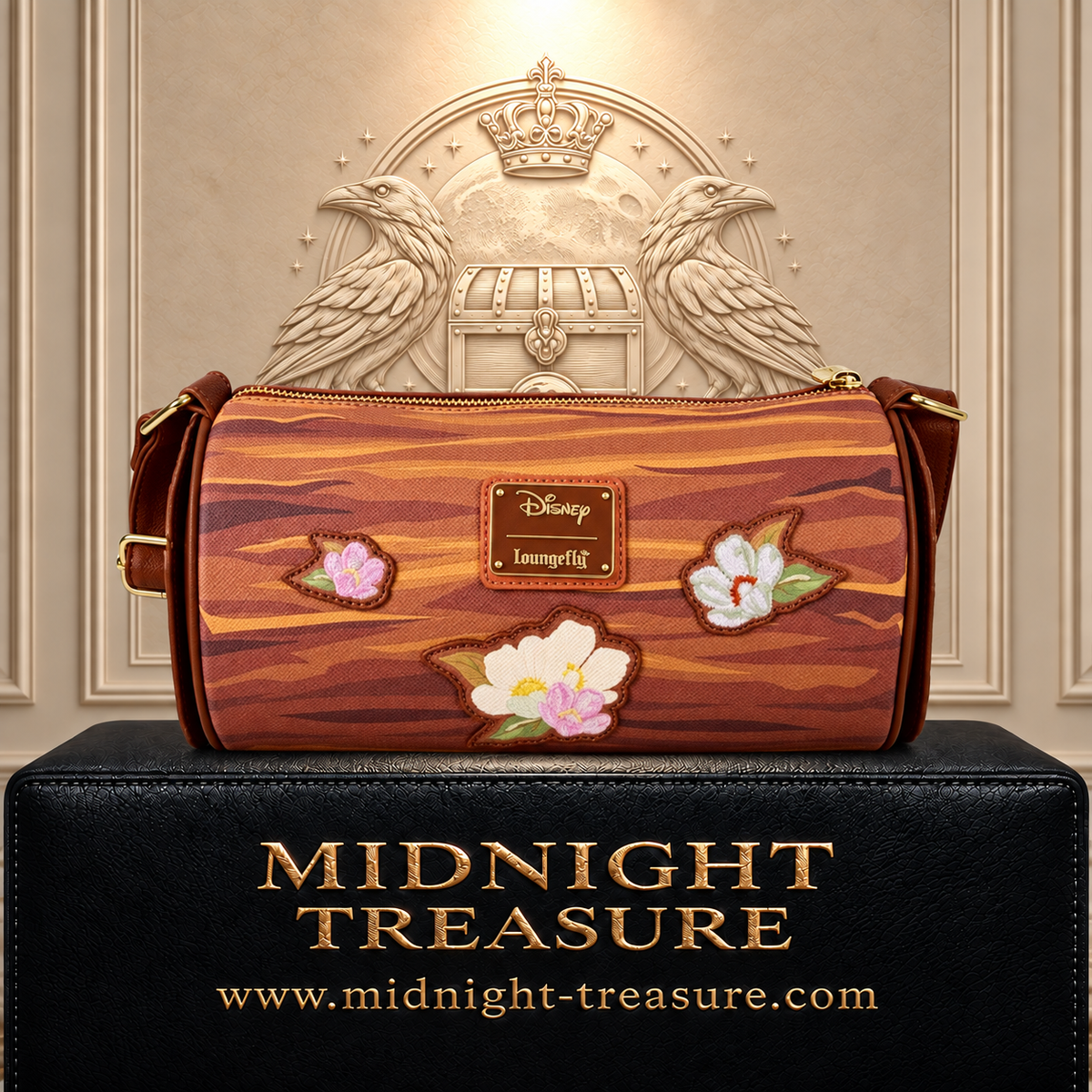 Dos du sac à bandoulière Loungefly Rox et Rouky effet bois avec fleurs et plaque Disney Loungefly