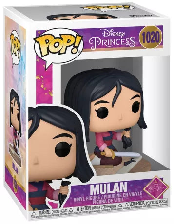 Funko Pop! Disney Princess – Mulan (N°1020). Mulan coupant ses cheveux avec l’épée familiale, scène iconique du film. Figurine détaillée et symbolique pour les fans de Disney.