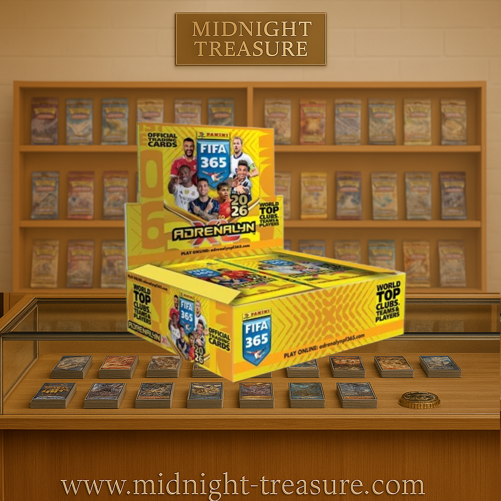 Display Panini FIFA 365 Adrenalyn XL contenant 24 pochettes de 6 cartes de football sous licence officielle.