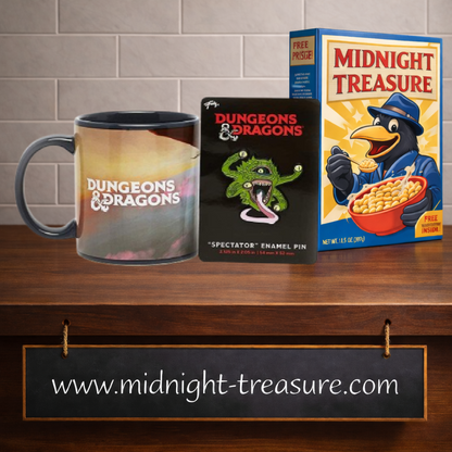Set officiel Dungeons & Dragons comprenant un mug en céramique de 473 ml avec logo D&D et un pin's émaillé vert représentant un Spectator.