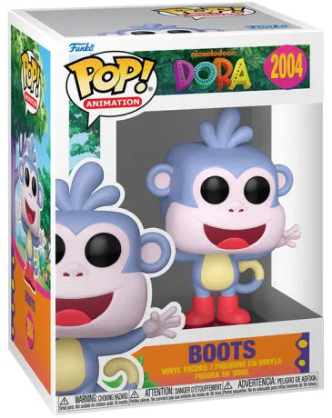 Funko Pop! Dora the Explorer – Babouche (N°2004). Singe violet clair avec visage rose, ventre jaune et bottes rouges iconiques, les bras ouverts avec un large sourire. Figurine joyeuse et fidèle au personnage.

