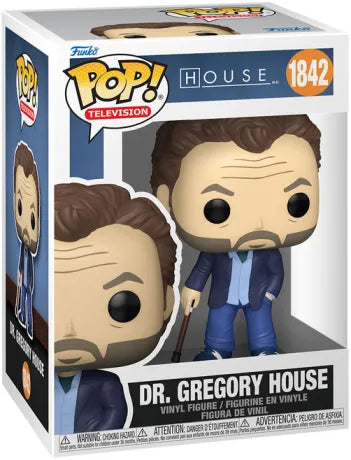 Funko Pop! House M.D. – Dr. Gregory House (N°1842). Figurine du Dr. House avec canne, tenue classique et expression sceptique iconique.