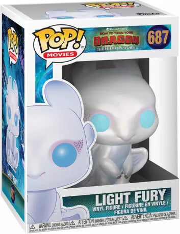 Funko Pop! Dragons 3 : Le Monde Caché – Light Fury (N°687). Figurine nacrée blanche assise, yeux bleu clair, ailes repliées, fidèle au design de la Light Fury dans le film.