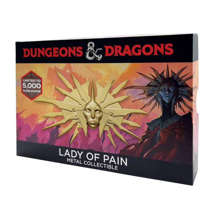 "Médaillon de collection en métal Lady of Pain, inspiré de Dungeons & Dragons, édition limitée à 5 000 exemplaires, avec finition dorée et présentoir d'exposition inclus."