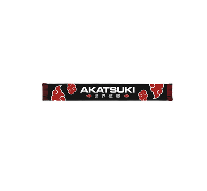 Écharpe Akatsuki inspirée de Naruto Shippuden, noire avec nuages rouges et inscription en kanji, accessoire sous licence officielle parfait pour les fans de l’Akatsuki et du monde ninja."