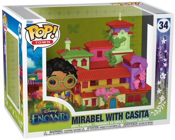 Funko Pop! Town Disney Encanto – Mirabel avec Casita (N°34). Figurine détaillée représentant Mirabel avec ses lunettes et sa tenue colorée, accompagnée de la maison magique Casita. Un set incontournable pour les fans d’Encanto.