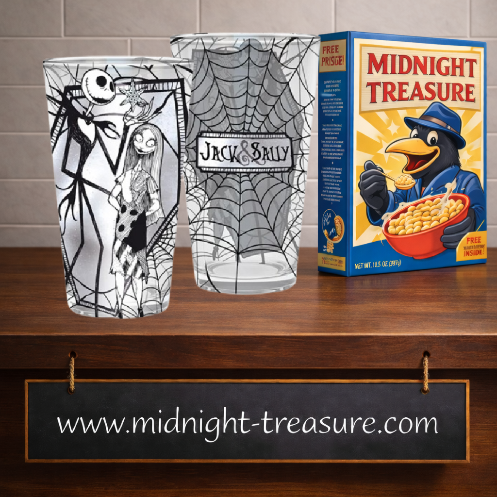 Verre XXL 400 ml L’Étrange Noël de Monsieur Jack par ABYstyle avec Jack Skellington et Sally dans un décor gothique de toiles d’araignée.