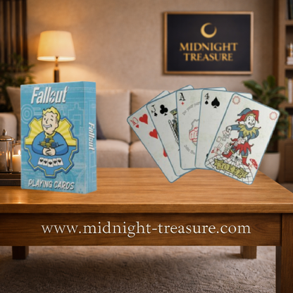 Jeu de cartes officiel Fallout Fanattik avec 52 cartes et 2 jokers illustrés Vault Boy et Vault-Tec.