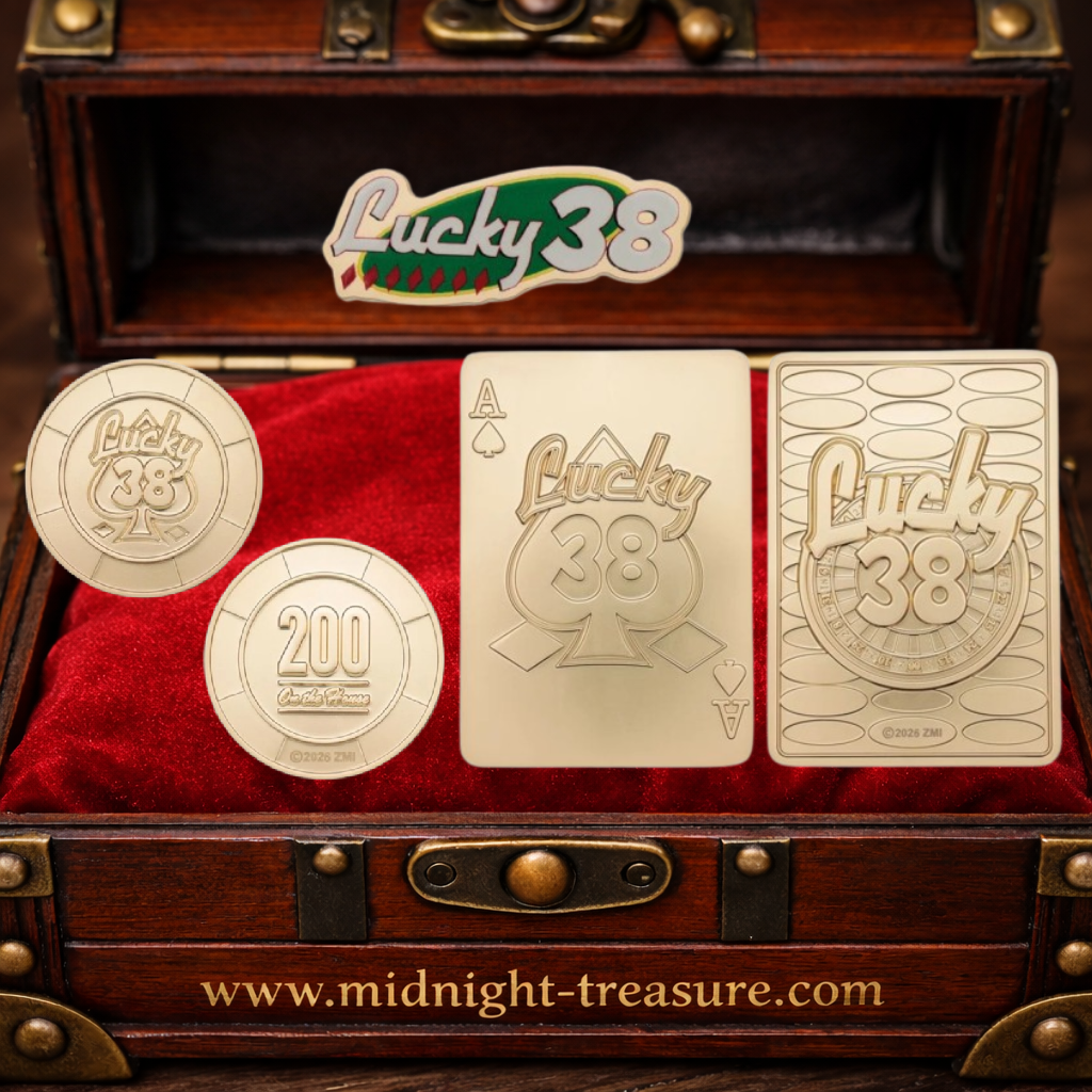 Set collector officiel Fallout New Vegas Lucky 38 Gold Edition Fanattik avec carte métallique As de pique, jeton de poker et pin's, édition limitée numérotée à 5000 exemplaires.