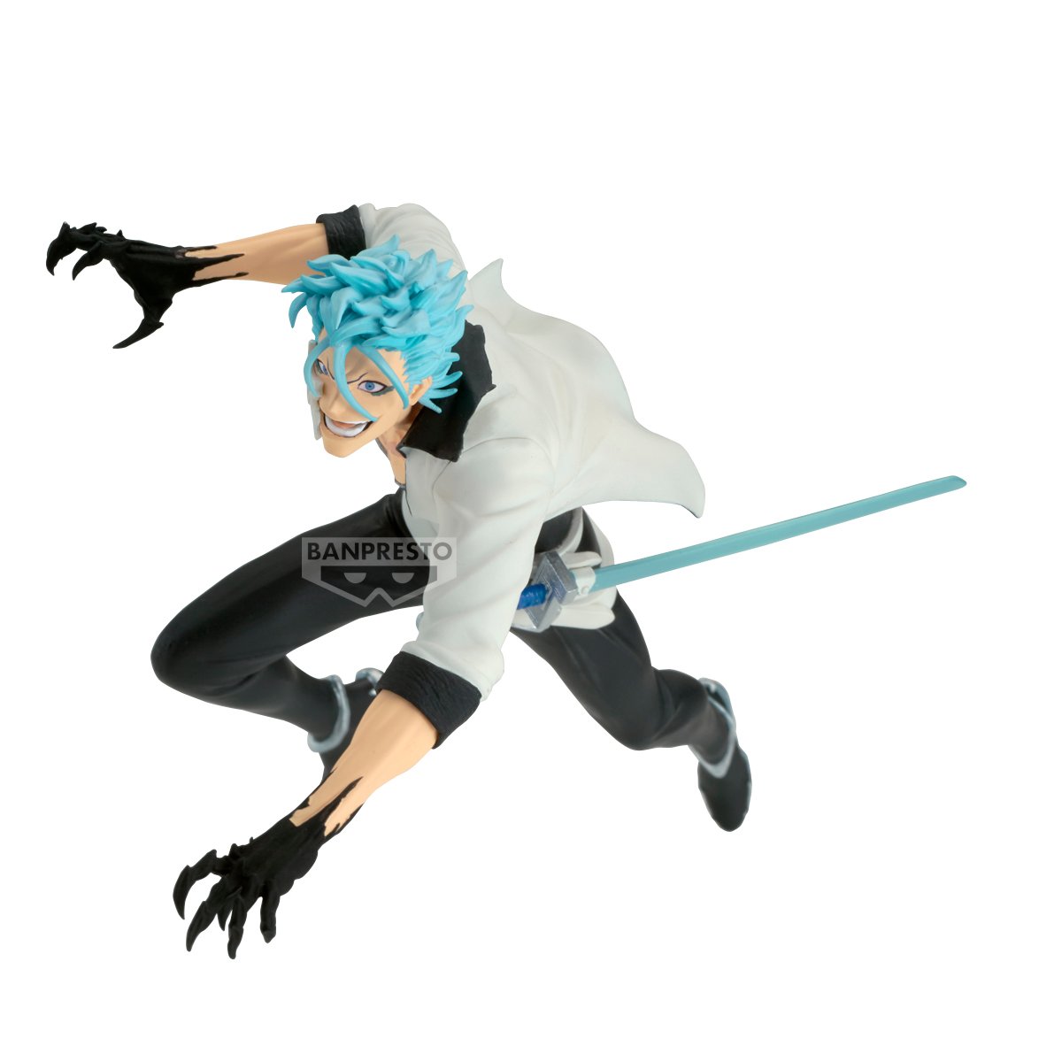 Figurine Bleach – Grimmjow Jaegerjaquez – Vibration Stars – 17 cm – Banpresto. Grimmjow en pleine attaque, sabre bleu à la main et sourire féroce. Une figurine dynamique parfaite pour les fans de Bleach.