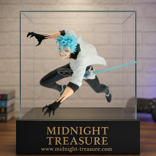 Figurine Bleach – Grimmjow Jaegerjaquez – Vibration Stars – 17 cm – Banpresto. Grimmjow en pleine attaque, sabre bleu à la main et sourire féroce. Une figurine dynamique parfaite pour les fans de Bleach.