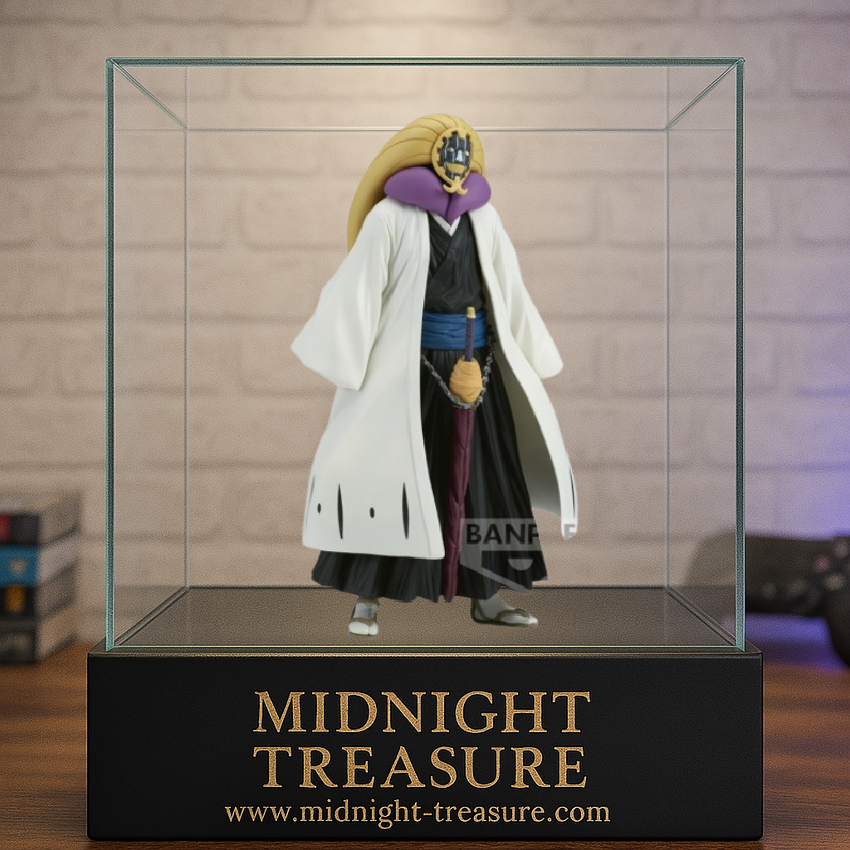 Figurine Bleach – Mayuri Kurotsuchi – 16 cm – Banpresto. Mayuri en haori blanc, masque doré et violet, debout avec son sabre. Une figurine détaillée parfaite pour les fans de Bleach.