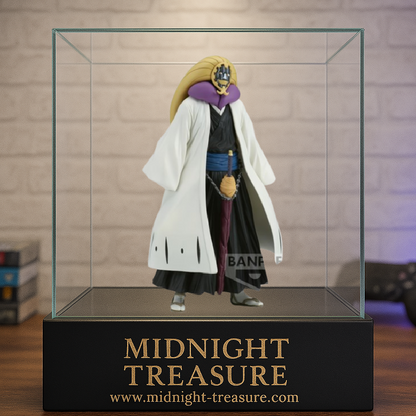 Figurine Bleach – Mayuri Kurotsuchi – 16 cm – Banpresto. Mayuri en haori blanc, masque doré et violet, debout avec son sabre. Une figurine détaillée parfaite pour les fans de Bleach.