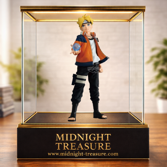 Figurine Boruto Uzumaki 23 cm Banpresto issue de Boruto: Naruto Next Generations, représentant Boruto préparant un Rasengan dans sa main, avec sa veste orange et noire emblématique et une sculpture fidèle à l'anime.