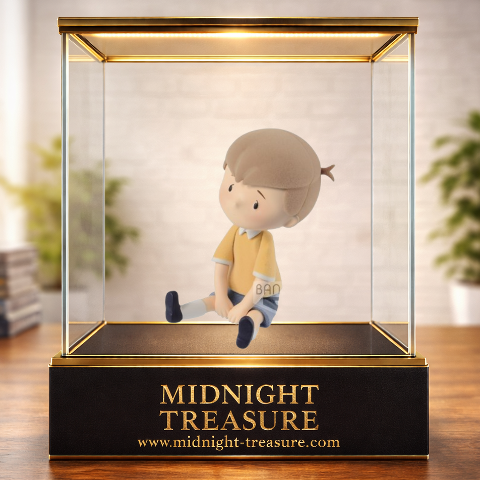 Figurine Christopher Robin Fluffy Puffy Banpresto 5 cm issue de Winnie l'Ourson, représentant le jeune garçon assis avec son pull jaune et sa finition effet velours caractéristique de la collection Fluffy Puffy.