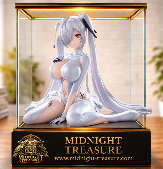 Figurine Goddess of Victory NIKKE – Cinderella – Noodle Stopper – 9 cm – FuRyu. Cinderella est représentée assise dans sa tenue blanche avec sa longue chevelure argentée, ses rubans noirs et ses détails translucides.