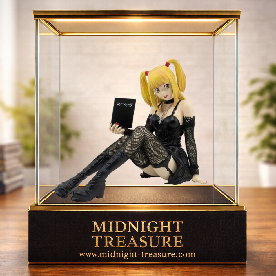 Figurine Death Note – Misa Amane – SFC – 8 cm – ABYstyle Studio. Misa assise tenant son Death Note avec tenue gothique et collants en tissu.