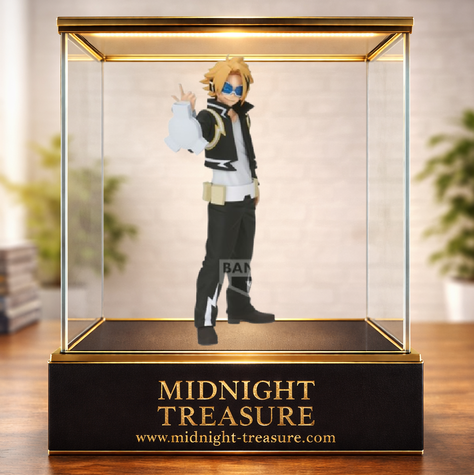 Figurine Denki Kaminari Age of Heroes Banpresto 17 cm issue de My Hero Academia, représentant le héros de la classe 1-A dans son costume officiel avec ses lunettes bleues et ses générateurs électriques emblématiques.
