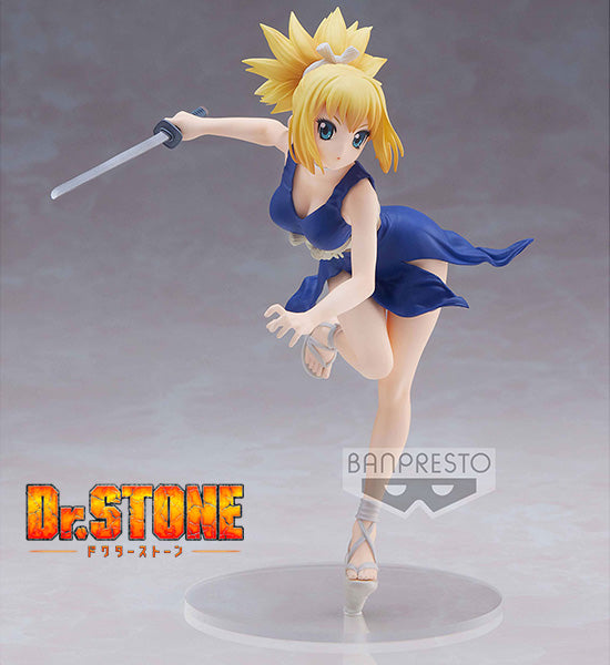 Figurine Dr. Stone de Kohaku, 16 cm, pose dynamique avec son sabre, signée Banpresto, sous licence officielle.