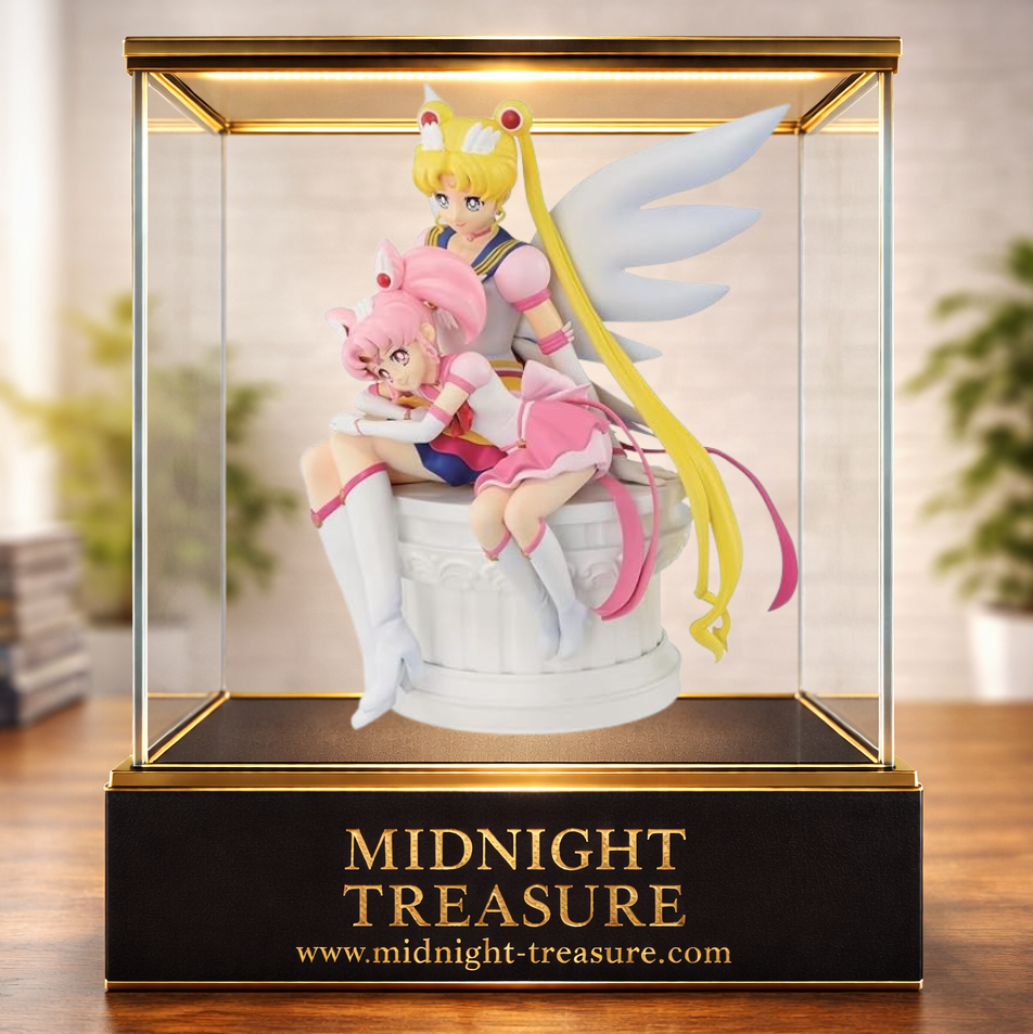 Figurine Eternal Sailor Moon et Eternal Sailor Chibi Moon Ichibansho Bandai Spirits 14 cm issue de Sailor Moon Eternal, représentant les deux héroïnes assises sur une colonne avec leurs grandes ailes blanches dans une scène tendre et fidèle au film.